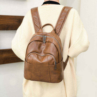 Carrying System Adjustable Straps Customized Black PU Leather Zipper Backpack for Women